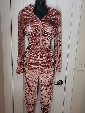 Crushed Velvet Ruched Zip-Front Two-Piece Set - Rose Blush